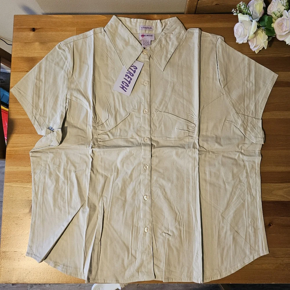 American Flirt - Women's Easy-Care Basic Collared Button Down  Shirts Short Slee - Picture 7 of 9